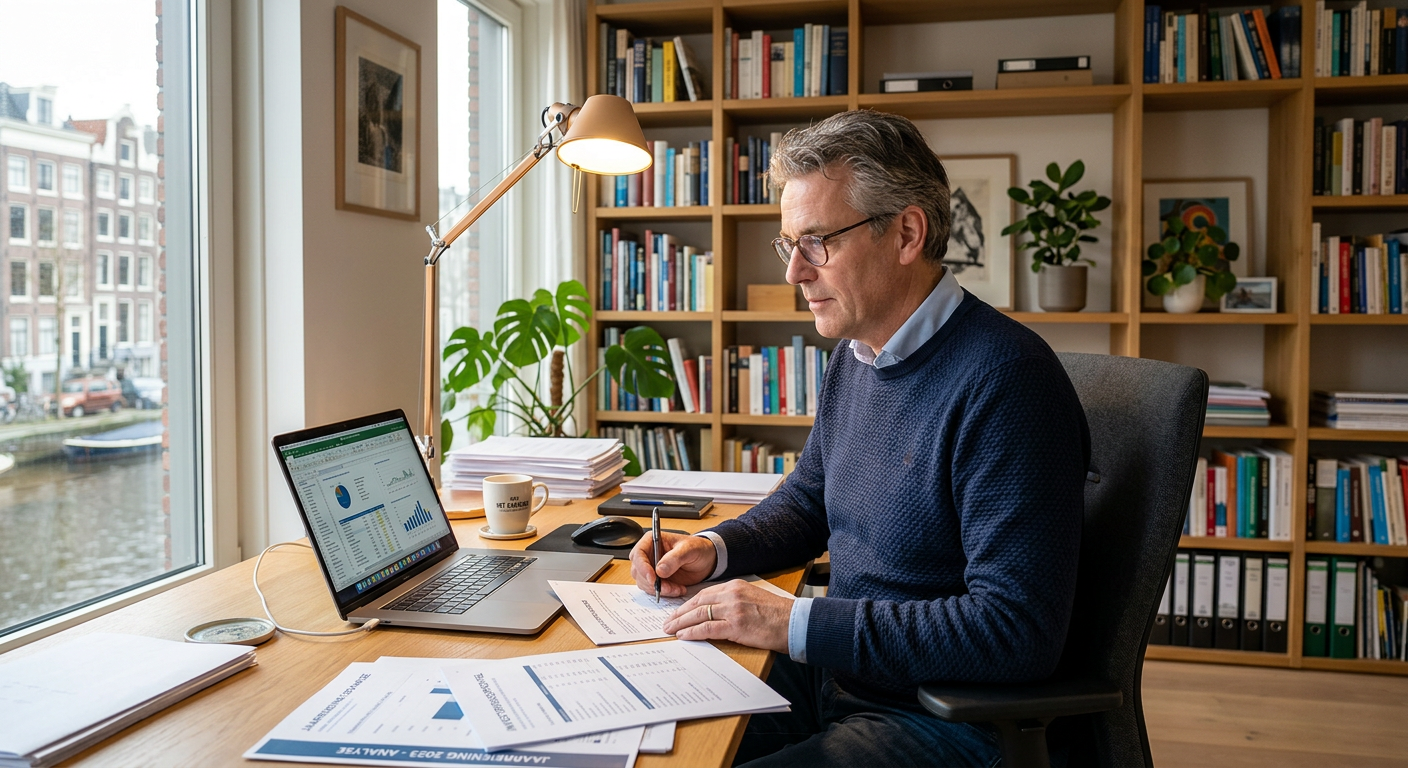 Man bekijkt maandelijks financieel overzicht op laptop